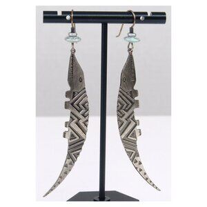 Rare LAUREL BURCH 1980s Silver Earrings Dangle 3.5" Aleutian Alligator Southwest
